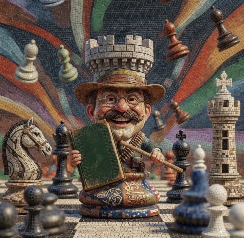 Teddy Rook, a mosaic figure in a rook-shaped hat surrounded by chess pieces